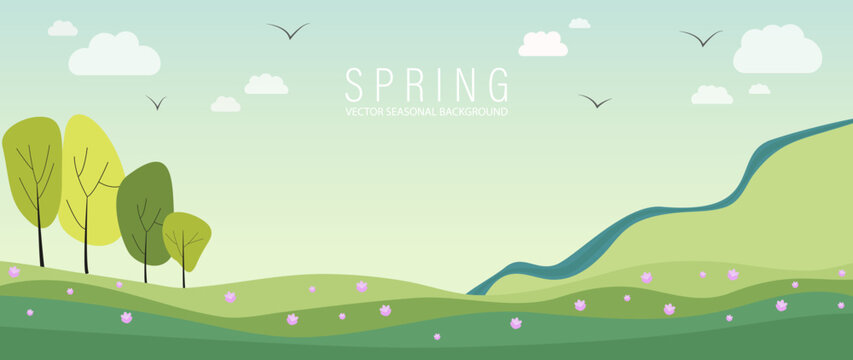Vector illustration. Rural landscape. Spring season banner. A beautiful view of the field, flowers, trees, mountain, river, clouds and birds. A natural background that will decorate your covers.