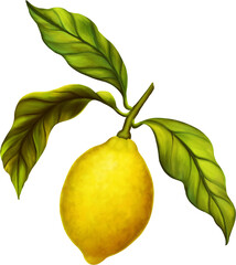 Obraz premium Branch with lemon and leaves. Realistic detailed high quality botanical illustration. Luxury design for packaging, cosmetic, packing, label.