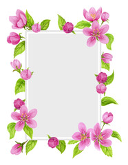 Spring floral frame with apple tree pink flowers, buds, green leaves. Watercolor clipart for greeting card or invitation.