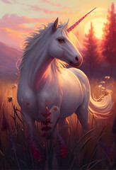 Obraz na płótnie Canvas Unicorn grazes on the meadow. AI Generated