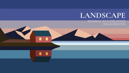 House by the lake at sunset minimal landscape vector illustration background