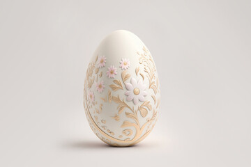 One white easter egg with beautiful gold floral pattern standing on light background. Generative AI
