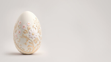 One white easter egg with beautiful gold floral pattern standing on light background. Generative AI