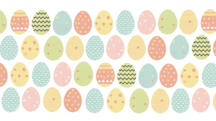 Foto auf Glas Easter eggs pattern illustration on a white background, pastel colors, cute egg drawing. Generative AI © Alena Matrosova