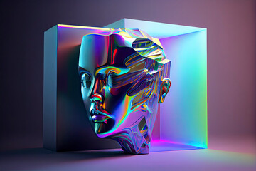 Abstract 3D render illustration of holographic human face in the wall, robotic head made of glossy iridescent material. Artificial intelligence concept
