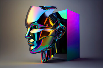 Abstract 3D render illustration of holographic human face in the wall, robotic head made of glossy iridescent material. Artificial intelligence concept