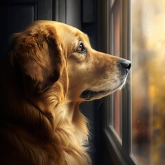 illustration, distressed dog looking through the window, generative ai