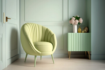 Minimalist light green chair in a light modern eco interior. Generative AI