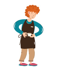 Barista man pours coffee in a mug. minimalist vector illustration