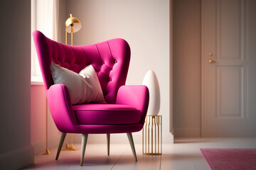 Pinck  chair in a light beige modern eco interior. Generative AIenerative AI