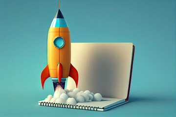 Minimal background for online education concept. Launching pencil rocket and notebook