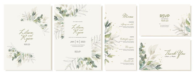 Set of rustic wedding cards with green leaves and branches. Wedding invitations and menu in watercolor style. Vector - obrazy, fototapety, plakaty