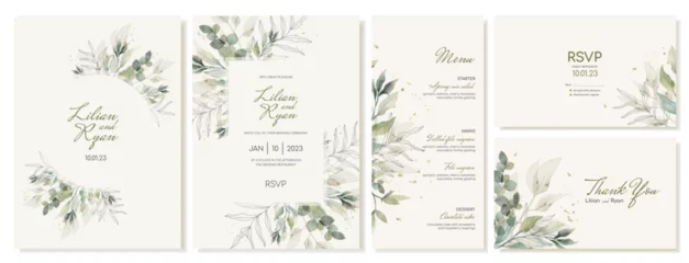 Fotobehang Set of rustic wedding cards with green leaves and branches. Wedding invitations and menu in watercolor style. Vector © MIMOSA