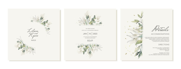 Set of square wedding invitation templates and details in rustic watercolor style with green leaves. Vector.