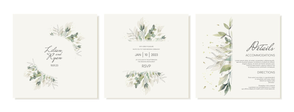Set of square wedding invitation templates and details in rustic watercolor style with green leaves. Vector.