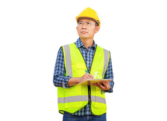 Engineer checking project at the building site, Man in hardhat with clipboard checklist at the...