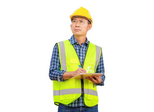 Engineer checking project at the building site, Man in hardhat with clipboard checklist at the infrastructure construction site