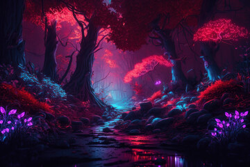 Magic forest, neon light. AI generative.