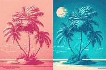 Duotone palm tree in pink and blue, depicting a tropical landscape. Generative AI