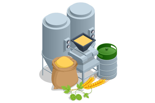 Isometric Brewery beer production, process of beer production in brewery.