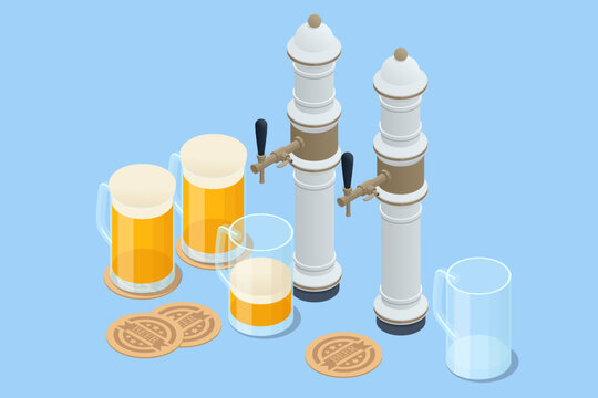 isometric beer taps and mugs on blue background clip art preview