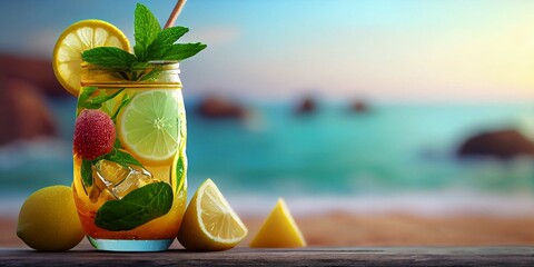 Lemonade cocktail with tropical fruits on the background of the beach, sea or ocean. Vacation summer concept. Ai generative.
