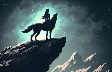 woman on the wolf standing on top of a mountain against the night sky, digital art style, illustration painting, Generative AI
