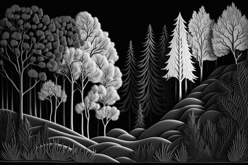 Forest Black and White Illustration Landscape with Sky and Birds: Flat Style Background Wallpaper in High Resolution for Digital Design and Desktop