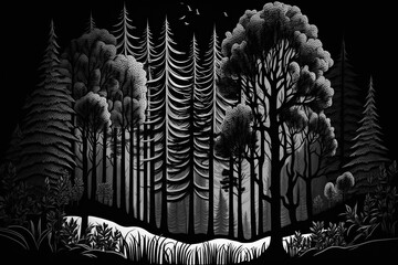 Forest Black and White Illustration Landscape with Sky and Birds: Flat Style Background Wallpaper in High Resolution for Digital Design and Desktop