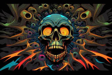 Colorful abstract concept art depicting a veiled, terrifying, and wailing skull set on a kaleidoscopic background in a psychedelic dark art style. Generative AI