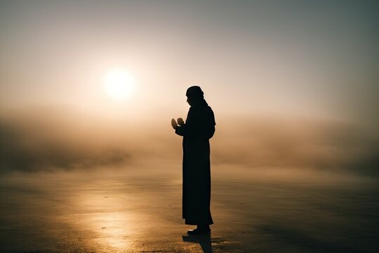 Muslim praying in a mystical environment, silhouette photo, no face visible, generative ai, color grading, islam religion concept photo