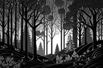 Forest Black and White Illustration Landscape with Sky and Birds: Flat Style Background Wallpaper in High Resolution for Digital Design and Desktop