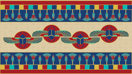 Ancient Egyptian ornament scarab and lotus with Ankh Pattern - Illustration Vector Background