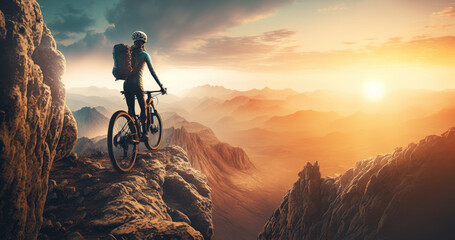 Obraz premium woman cyclist rider in mountain bike on mountain peak at sunset. freedom and healthy lifestyle concepts. generative ai
