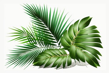 Cocos nucifera, or the coconut palm tree, has green leaves that stand out against a white background. Generative AI