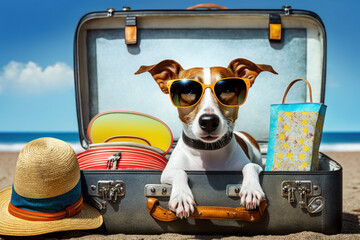 Fototapeta jack russell terrier dog in suitcase in beach. travel and holiday concept. generative ai obraz