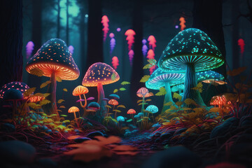 Glowing mushrooms in the forest. AI generative.