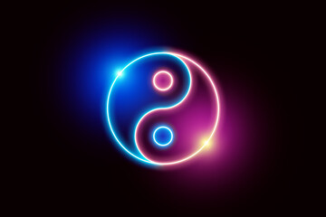 Yin Yang neon light symbol in blue and pink colors on a black background