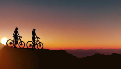 two girls cyclist riders silhouettes in mountain bike at sunset on nature. freedom and healthy lifestyle concepts. generative ai