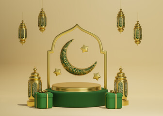 A golden podium with a crescent moon, stars, lanterns and gifts, in a green and gold design. 3d render illustration