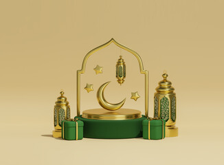 A golden podium with a crescent moon, stars, lanterns and gifts, in a green and gold design. 3d render illustration