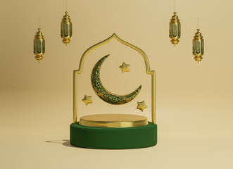 A golden podium with a crescent moon, stars and lanterns, in a green and gold design. 3d render illustration