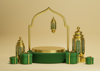 A golden podium with a crescent moon, stars, lanterns and gifts, in a green and gold design. 3d render illustration