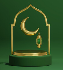 A golden crescent moon and lanterns on a green background. 3d render illustration
