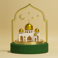 A miniature model of a mosque with a star and moon inside in a green and gold design.3d render illustration