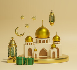 A miniature model of a mosque with a star and moon inside in a green and gold design. 3d render illustration