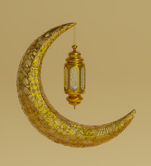 A golden crescent moon with a golden lantern. 3d render illustration