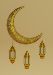 A golden crescent moon with a golden lantern. 3d render illustration