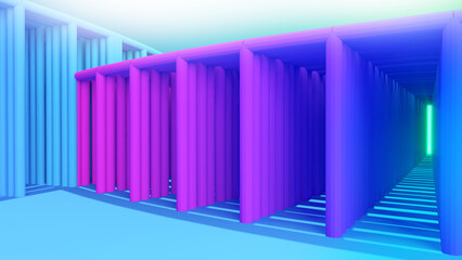 Abstract background of pillar structures and light channel corridors.,Blue Purple Gradient pillar structure,big structure mystery,3d rendering