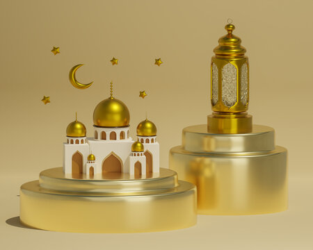A miniature model of a mosque with a star and moon inside in a golden design. 3d render illustration
